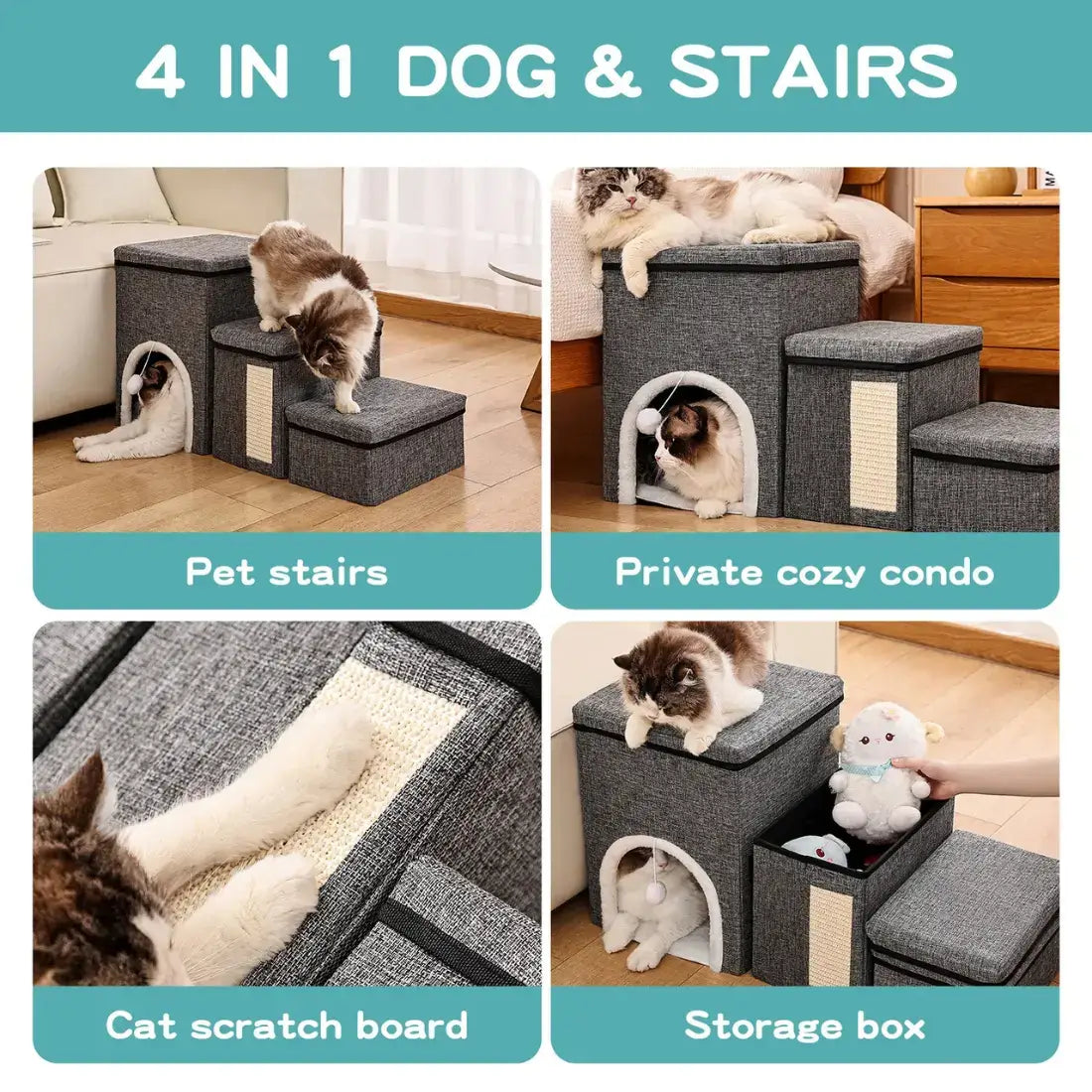 A 4-panel product feature collage for a gray fabric dog and cat pet staircase condo. The top text reads '4 IN 1 DOG & STAIRS.