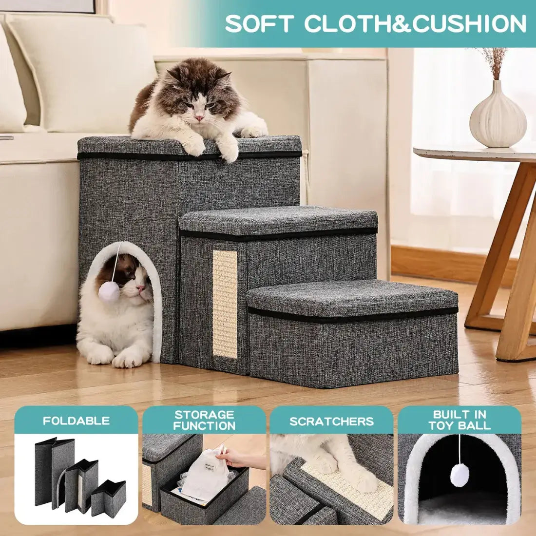 Cat step platform with cushioned steps, cat inside, and text highlighting features.