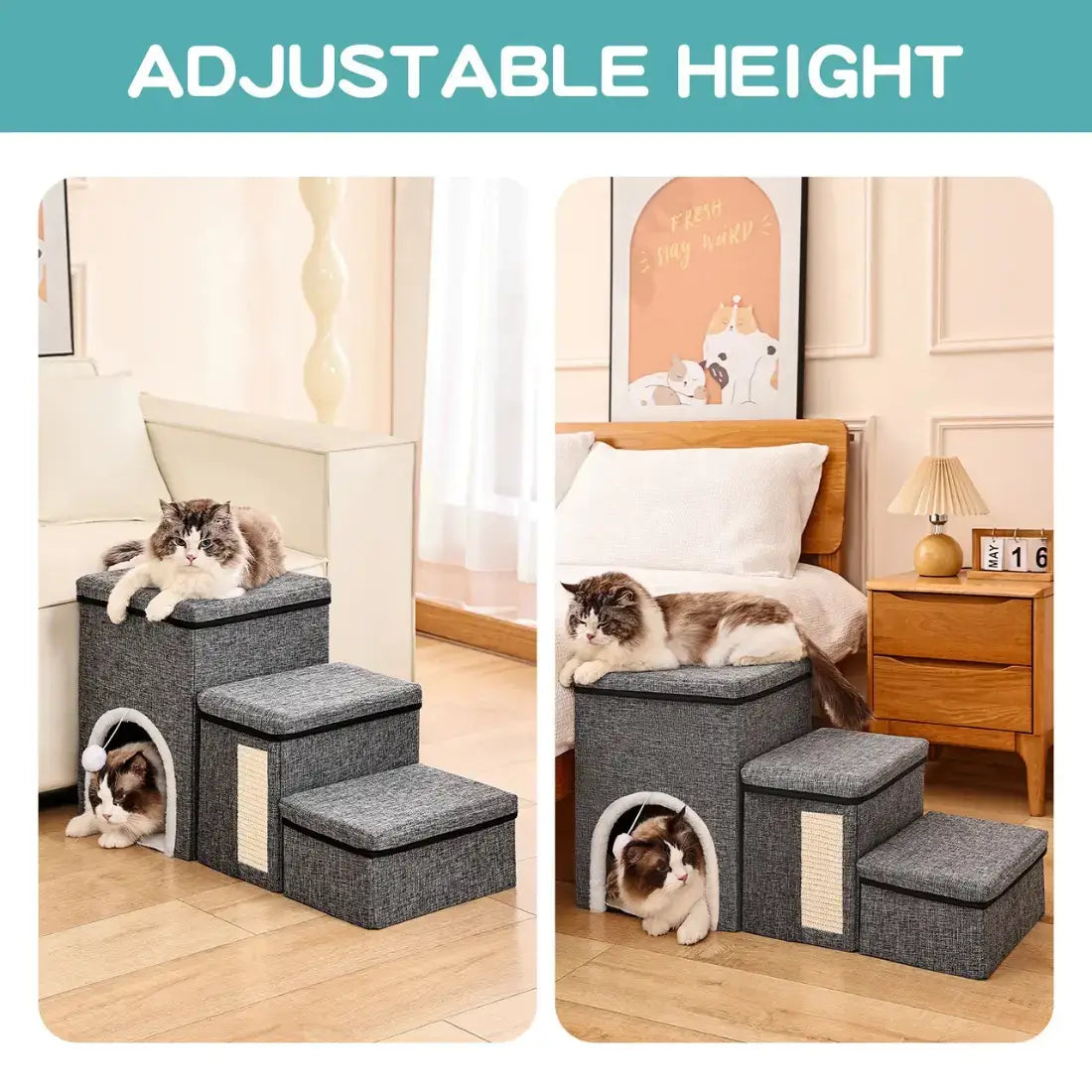 Cat step and pet house with adjustable height feature in a home setting.