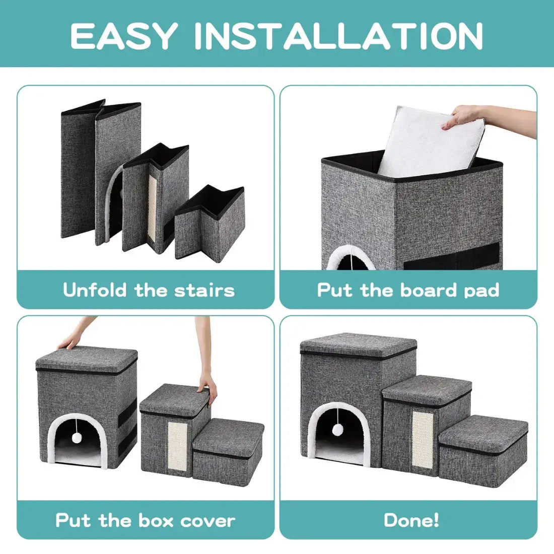 Step-by-step guide on how to assemble a pet staircase with text indicating easy installation.