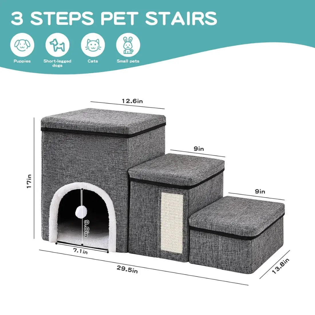 Pet stairs with dimensions and features on a white background