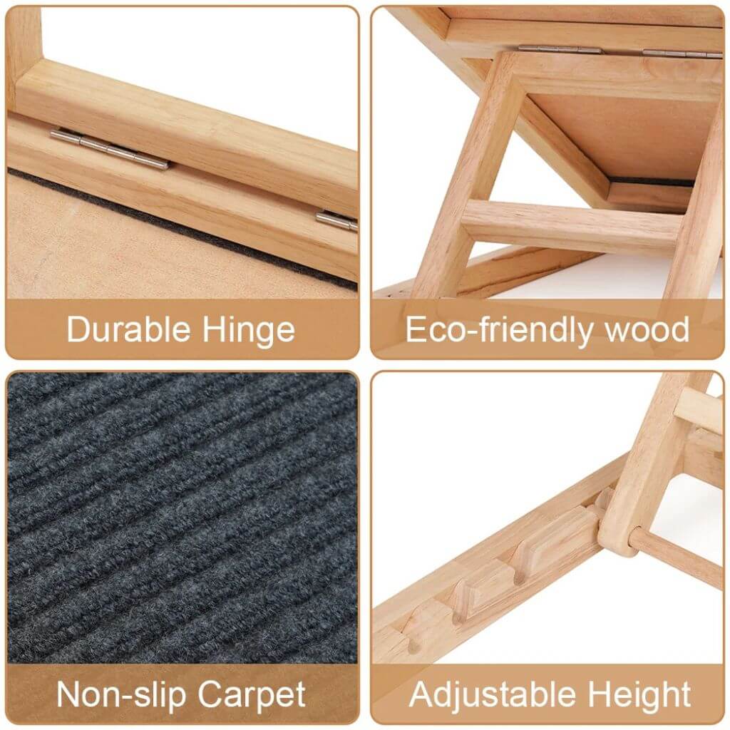 Collage of a wooden stool with features highlighted on a white background.