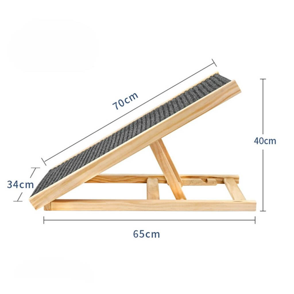 Wooden pet ramp with dimensions labeled on a white background