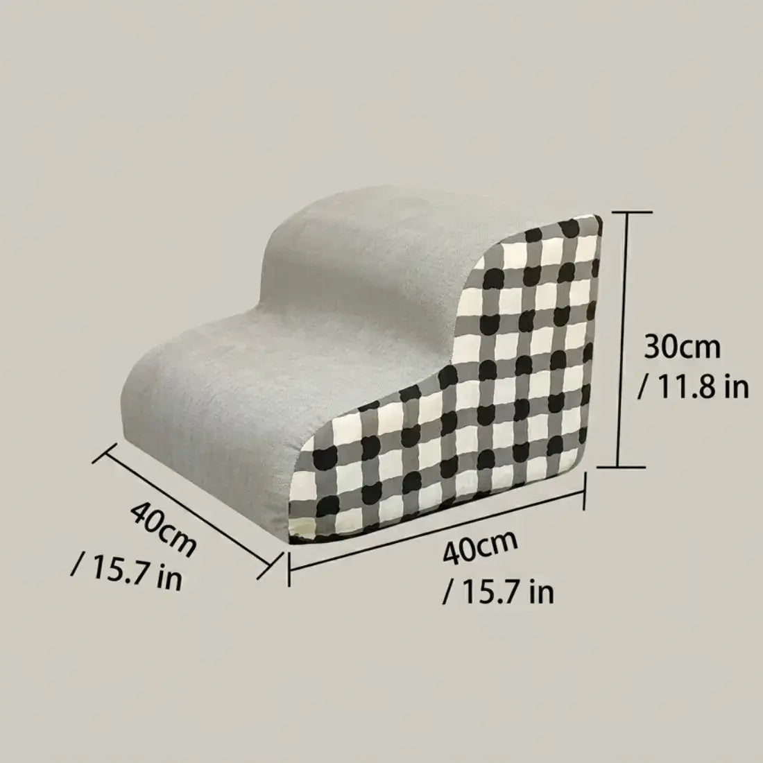 A small upholstered step stool or bench shown with dimension lines and labels indicating 40 cm width, 40 cm depth, and 30 cm height on a plain light gray background.