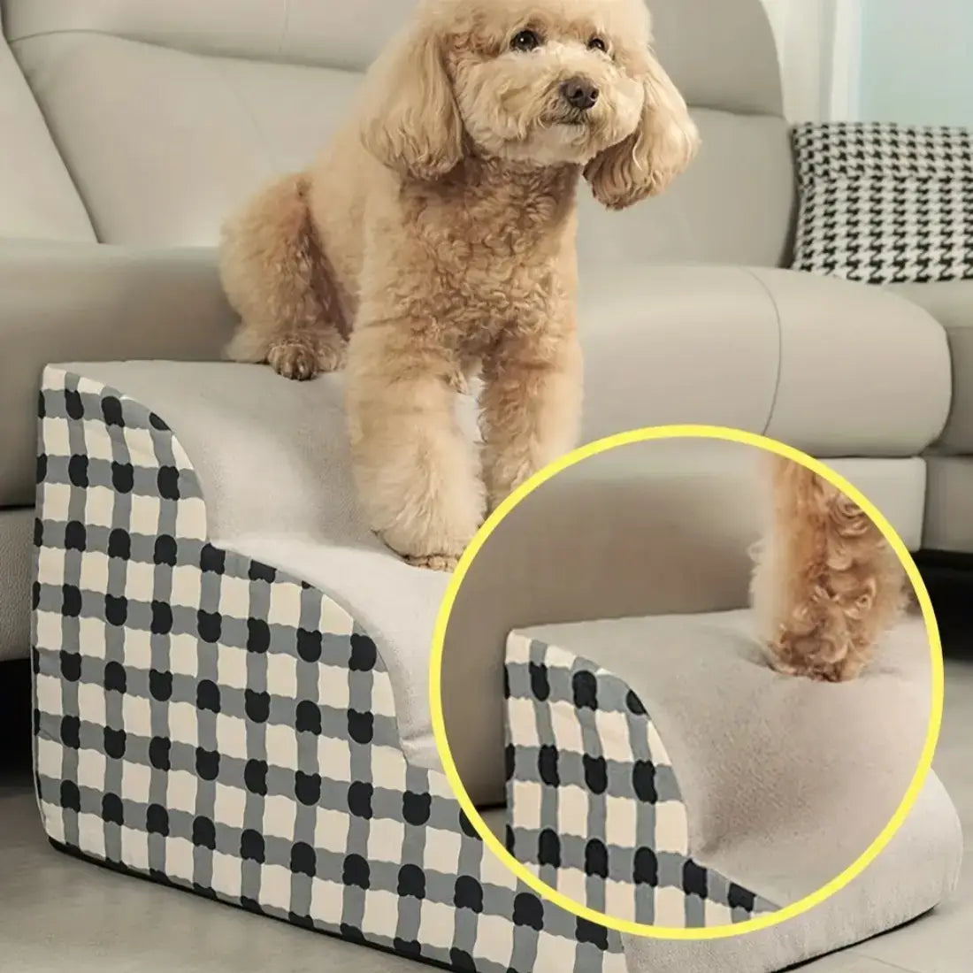 Dog using a pet ramp with checkered pattern on a sofa