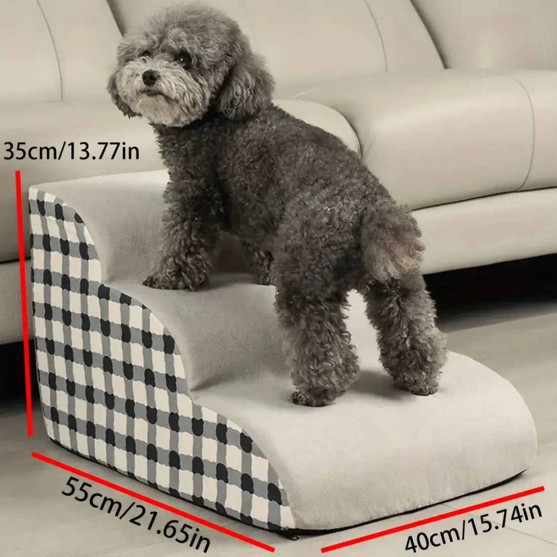 Dog standing on a checkered pet steps with measurements indicated