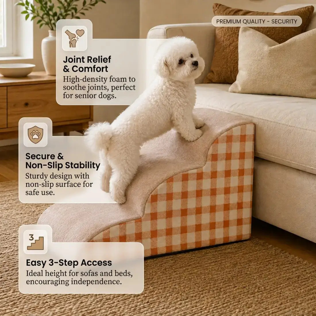 A small white dog stands on a three-step pet ramp in a living room beside a beige sofa. The ramp has a warm beige top surface and orange-and-white gingham sides.