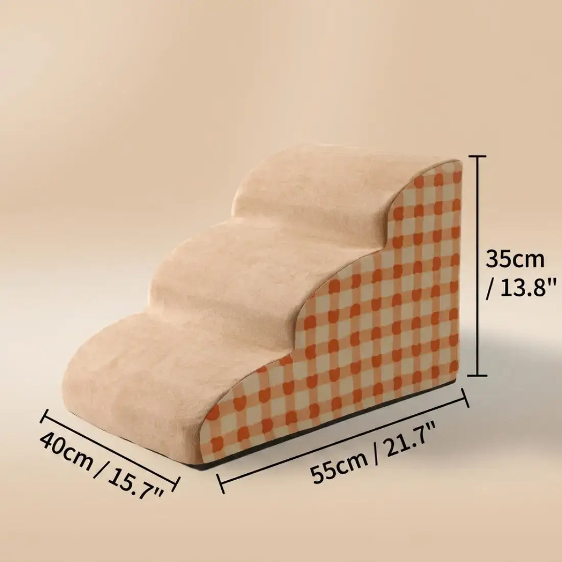 A three-step pet staircase with beige plush steps and an orange-and-white gingham patterned side panel, shown with dimension labels indicating 40cm width, 55cm depth, and 35cm height.