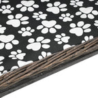 Dog Sofa Basket Natural Willow shown with grey fabric cushion and paw print pattern, Domus Canis.