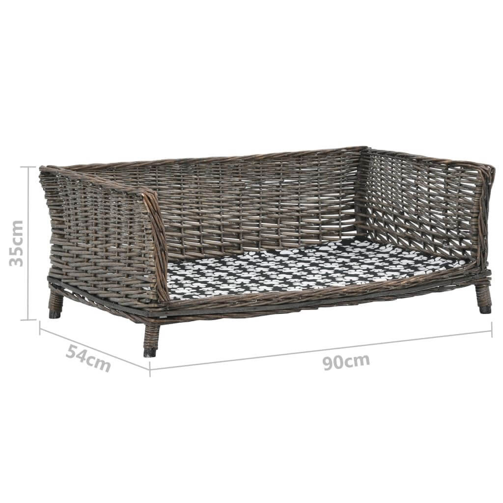 Dog Sofa Basket Natural Willow grey, modern dog sofa with raised sides and paw print cushion, dimensions 90x54x35cm