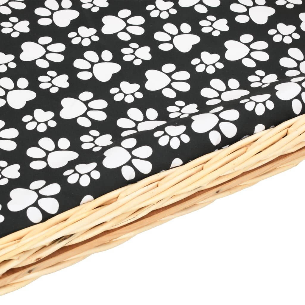 Dog-Sofa-Basket-Natural-Willow with woven frame and black paw print cushion for dogs