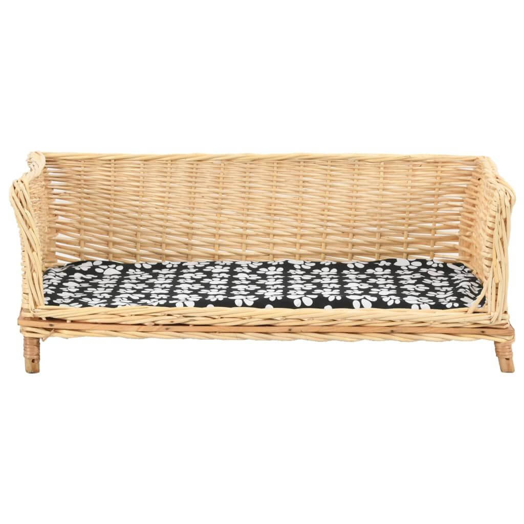 Domus Canis Dog Sofa Basket in natural willow with black and white cushion, modern pet furniture
