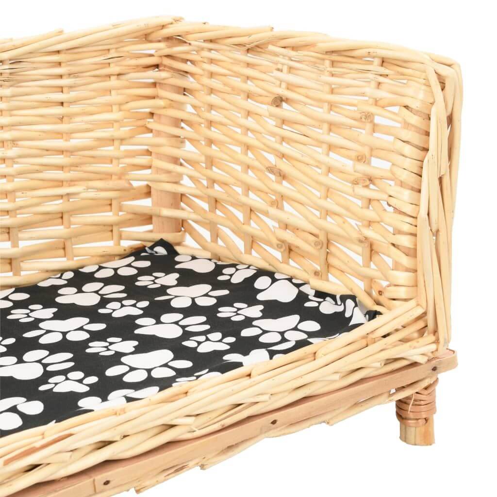 Dog-Sofa Basket Natural Willow with black paw print cushion, luxury dog furniture by Domus Canis