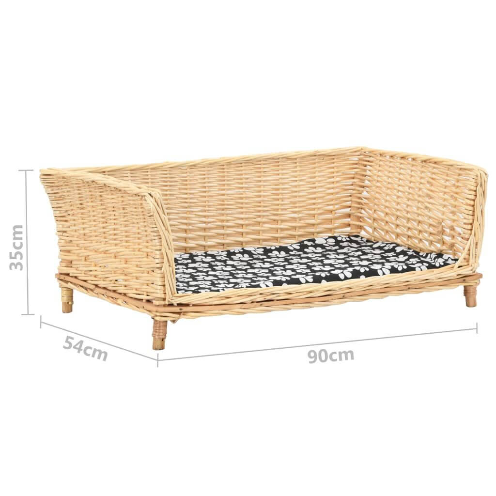 Dog-Sofa Basket Natural Willow with paw print cushion, 90x54x35cm, modern dog bed