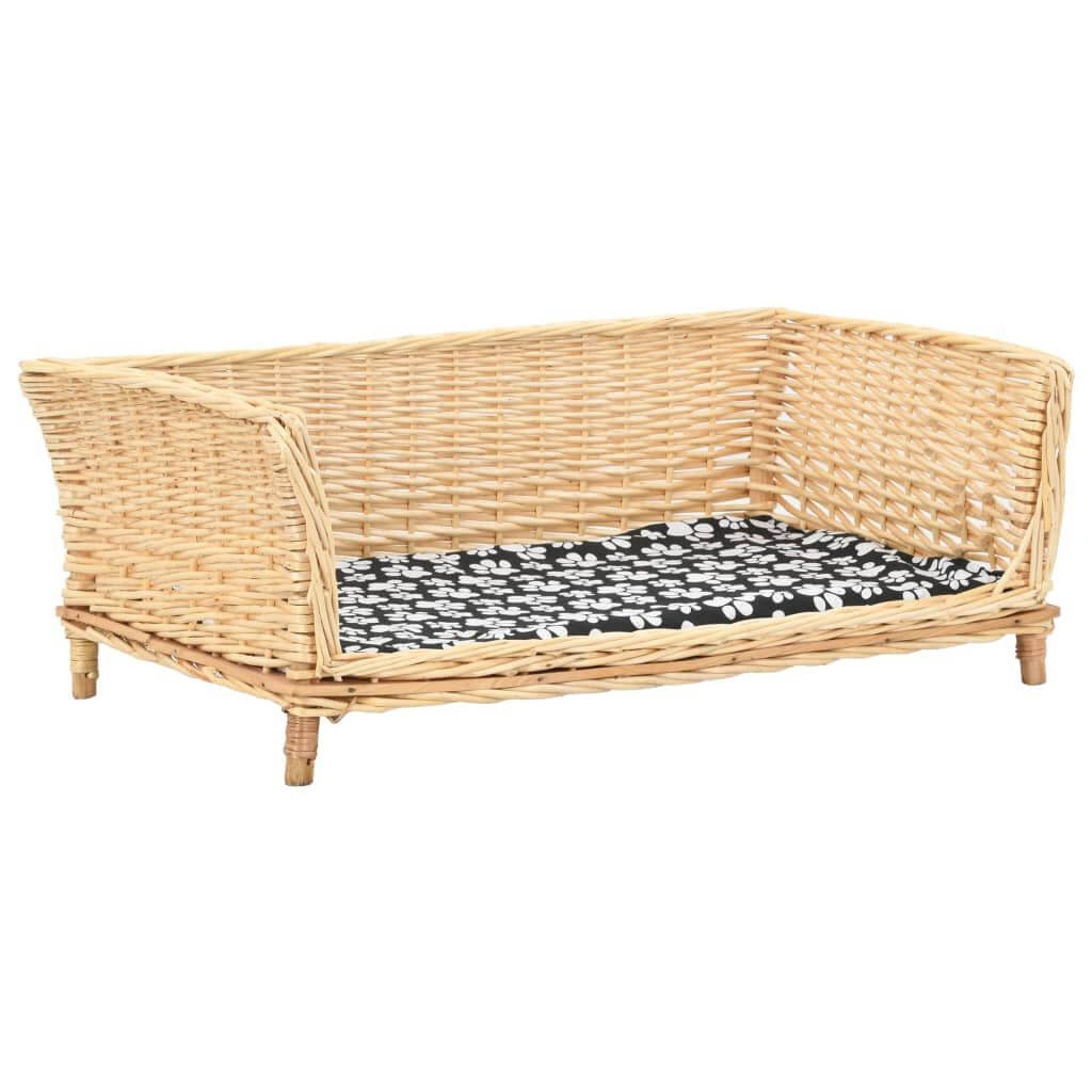 Dog-Sofa-Basket Natural Willow dog sofa with black and white paw print cushion