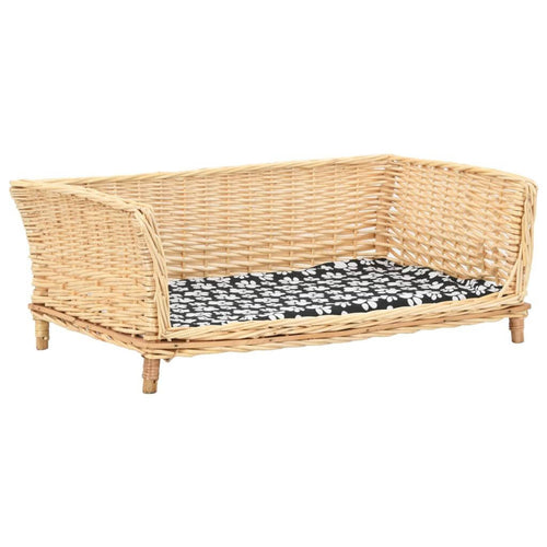 Dog-Sofa-Basket Natural Willow dog sofa with black and white paw print cushion