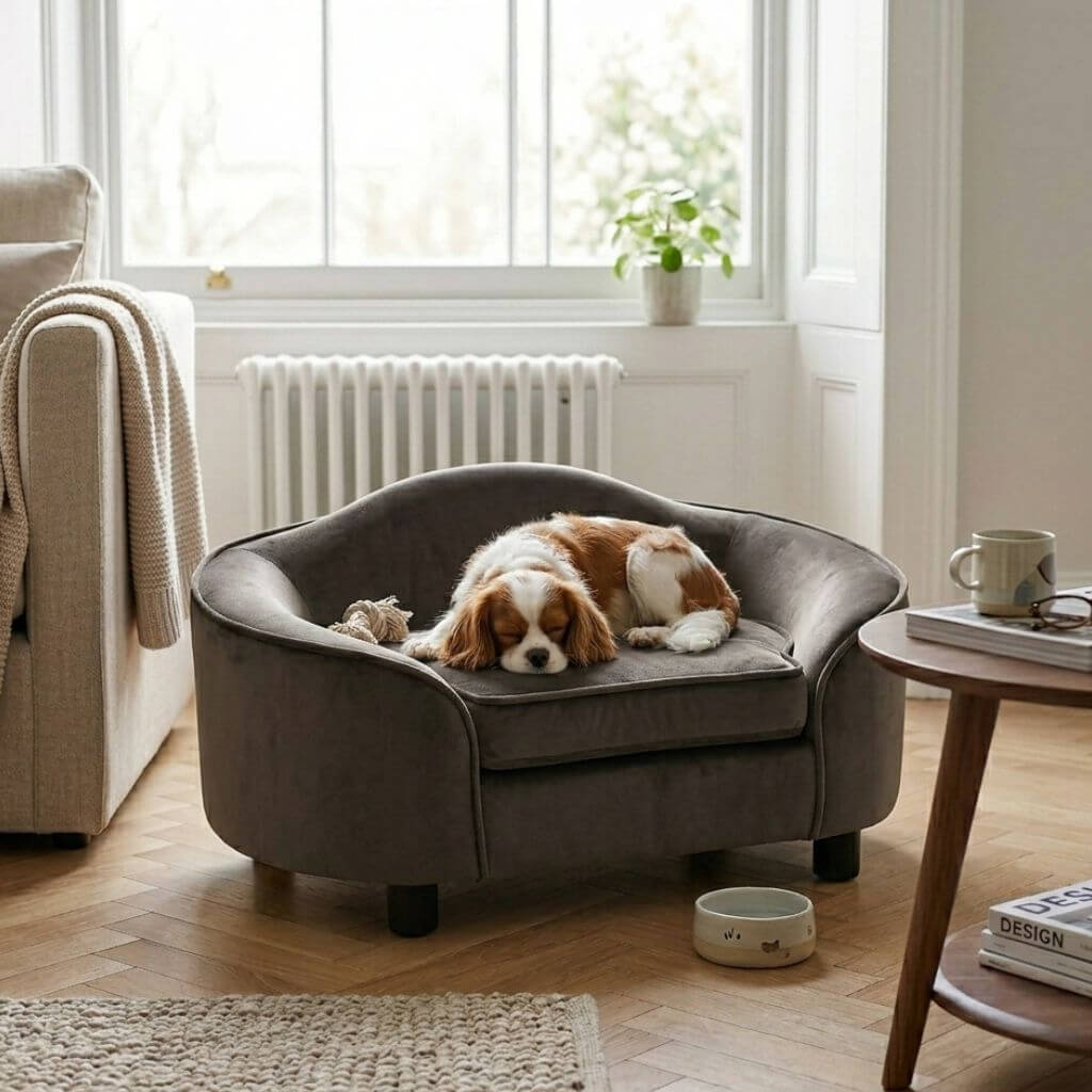 Dog lying on a gray pet dog sofa bed in a cozy living room.