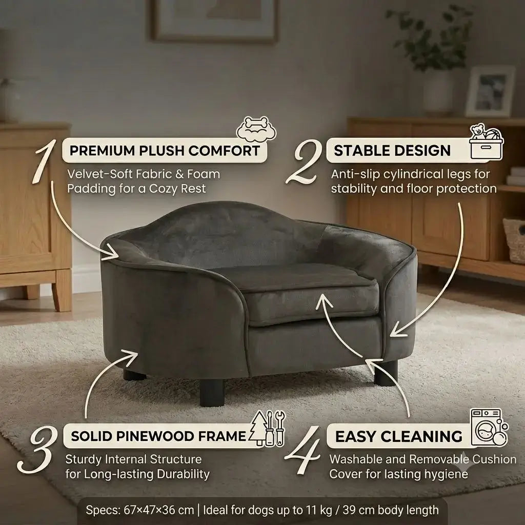 Gray dog sofa plush with features highlighted in a home setting