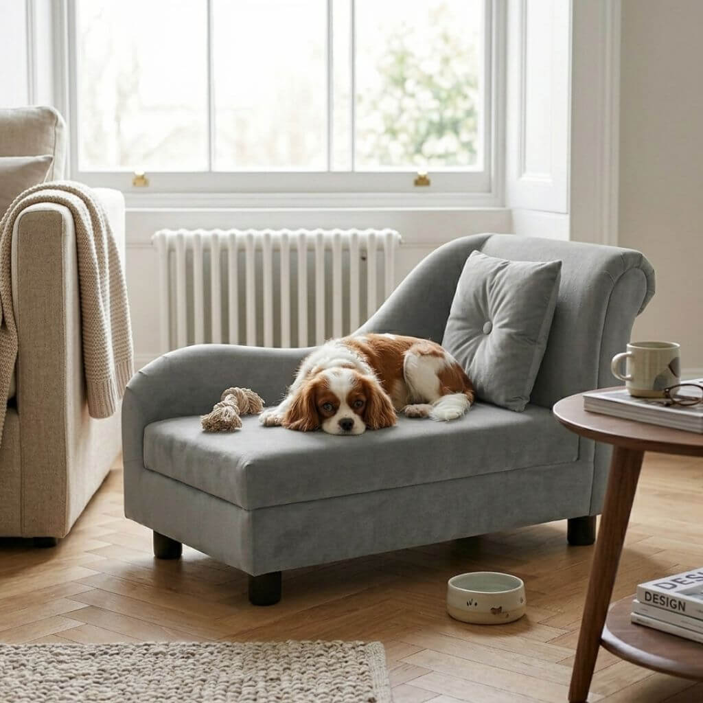 Dog lying on a gray dog sofa in a bright living room with a coffee table and books.