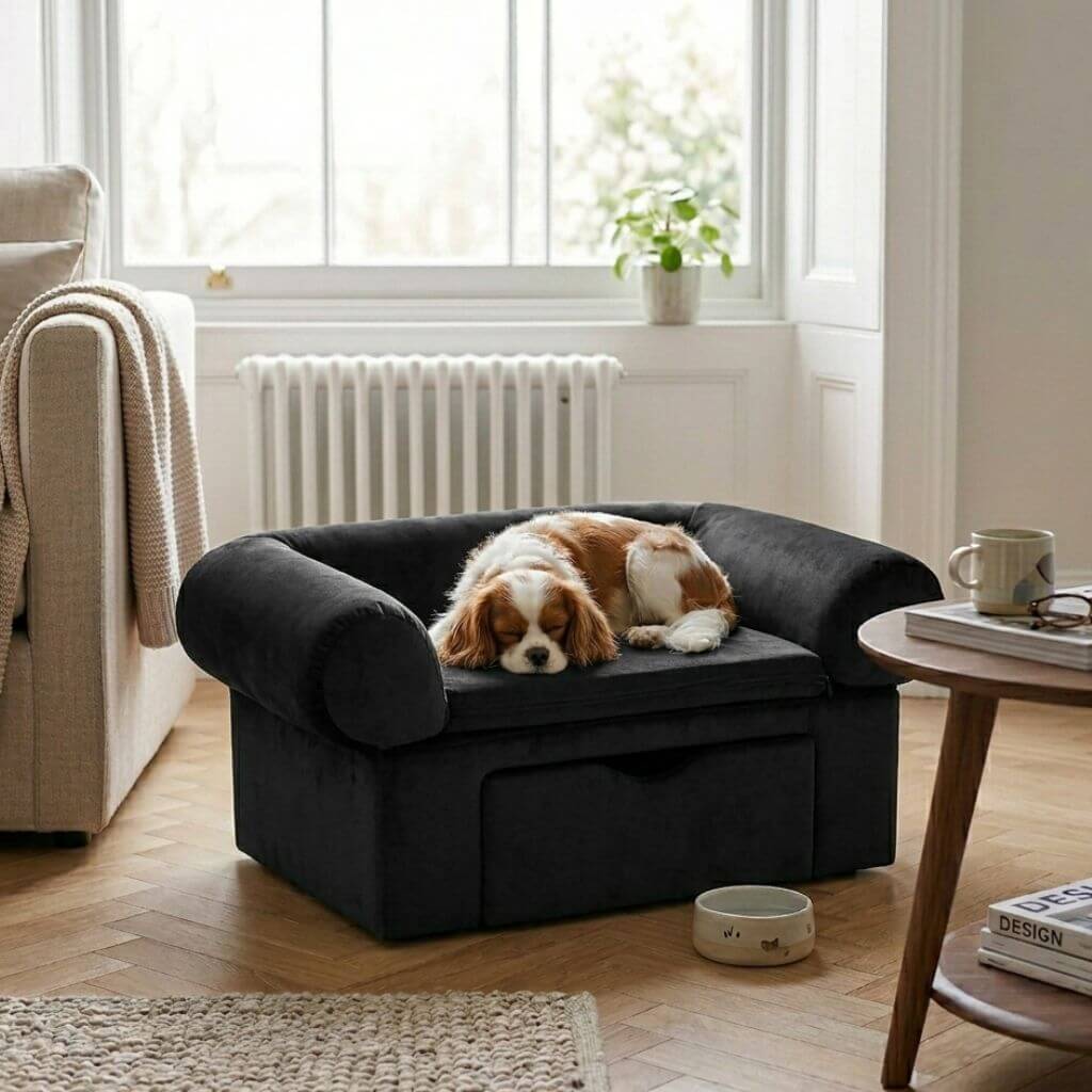 Dog lying on a black pet dog sofa bed in a cozy living room.