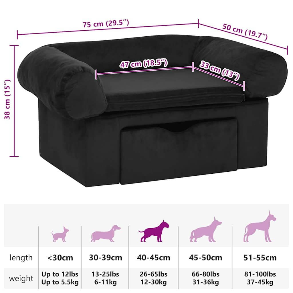Domus Canis Dog Sofa with Storage in black, shown with dimensions and dog size guide.
