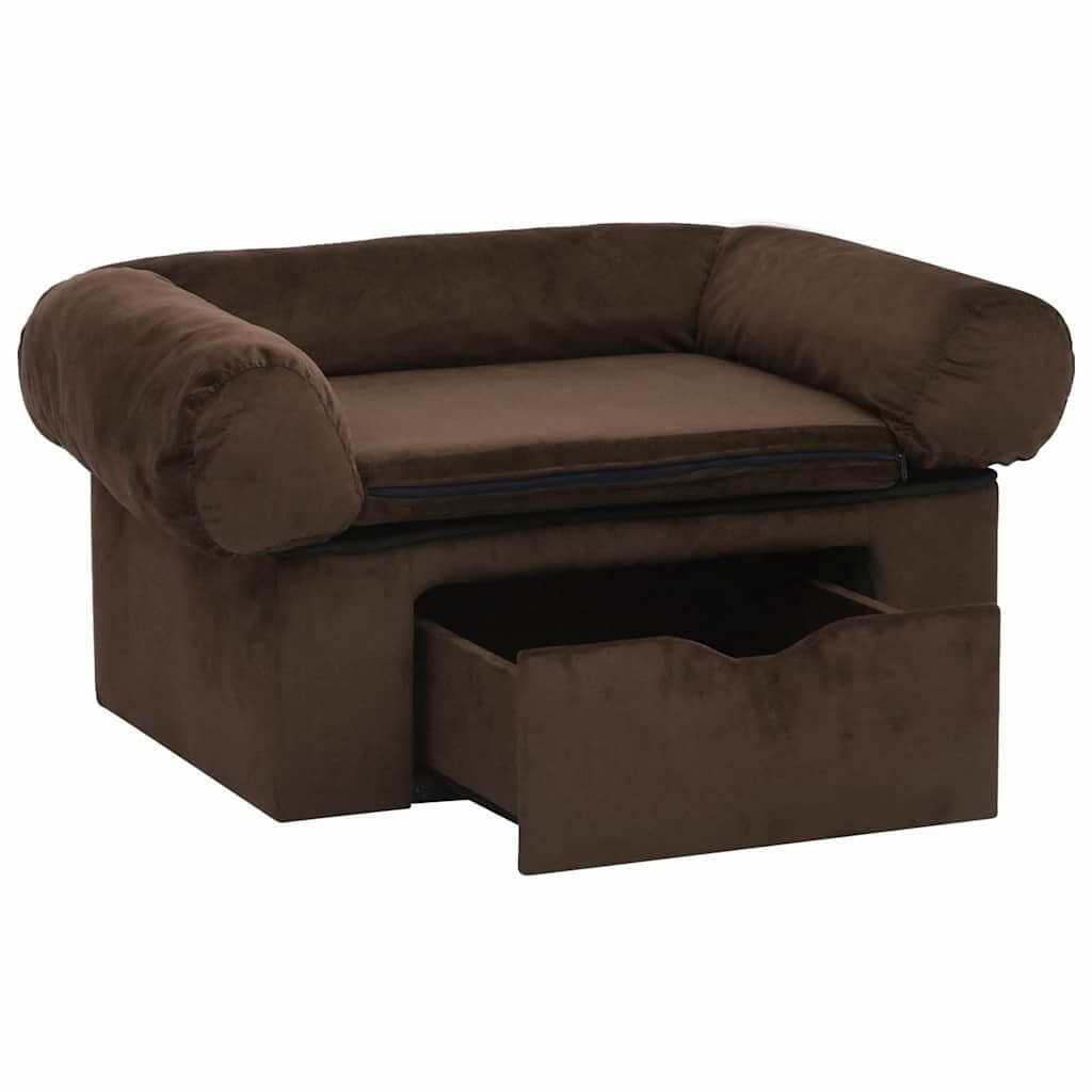 Domus Canis Dog Sofa with Storage in brown, featuring plush cushioning and pull-out drawer.
