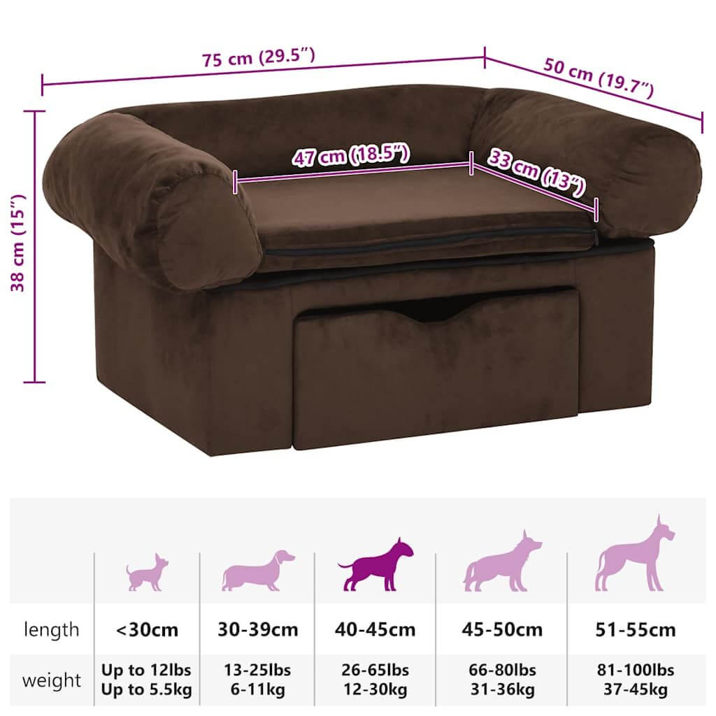 Domus Canis Dog Sofa with Storage in brown, showing dimensions and dog size chart.