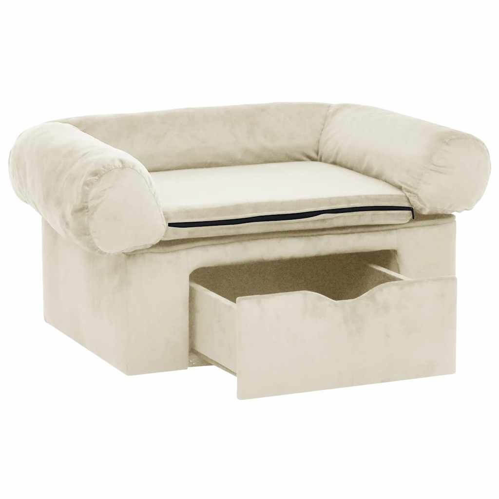 Domus Canis Dog Sofa with Storage, cream color, plush cushion, open drawer shown