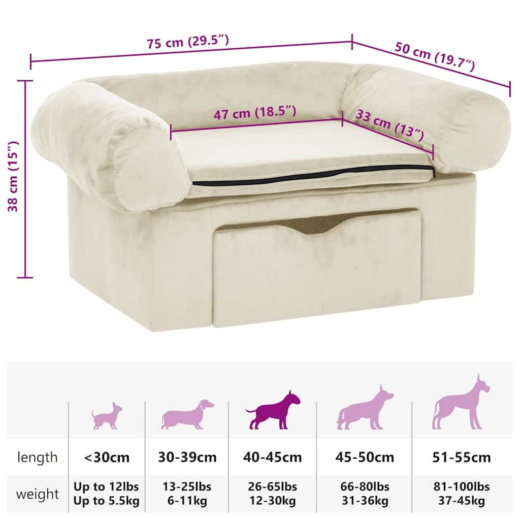 Domus Canis Dog Sofa with Storage in cream, showing detailed dimensions and pet size guide.