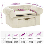 Domus Canis Dog Sofa with Storage in cream, showing detailed dimensions and pet size guide.