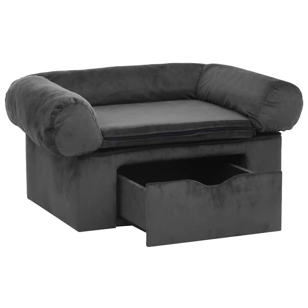 Domus Canis Dog Sofa with Storage in dark grey, featuring plush cushioning and open drawer.