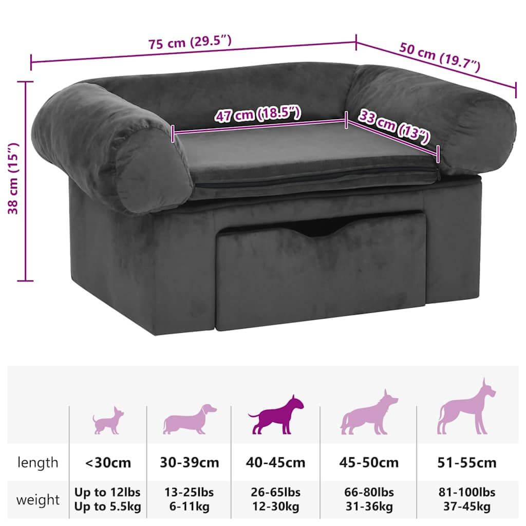 Domus Canis Dog Sofa with Storage in dark grey, showing dimensions and dog size chart