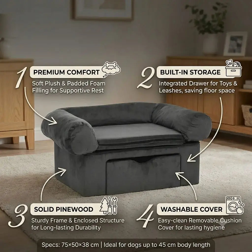 Gray dog sofa bed with features highlighted in a room setting