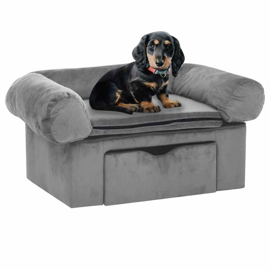 Dog-Sofa with Storage in grey from Domus Canis, with a dachshund dog sitting on it