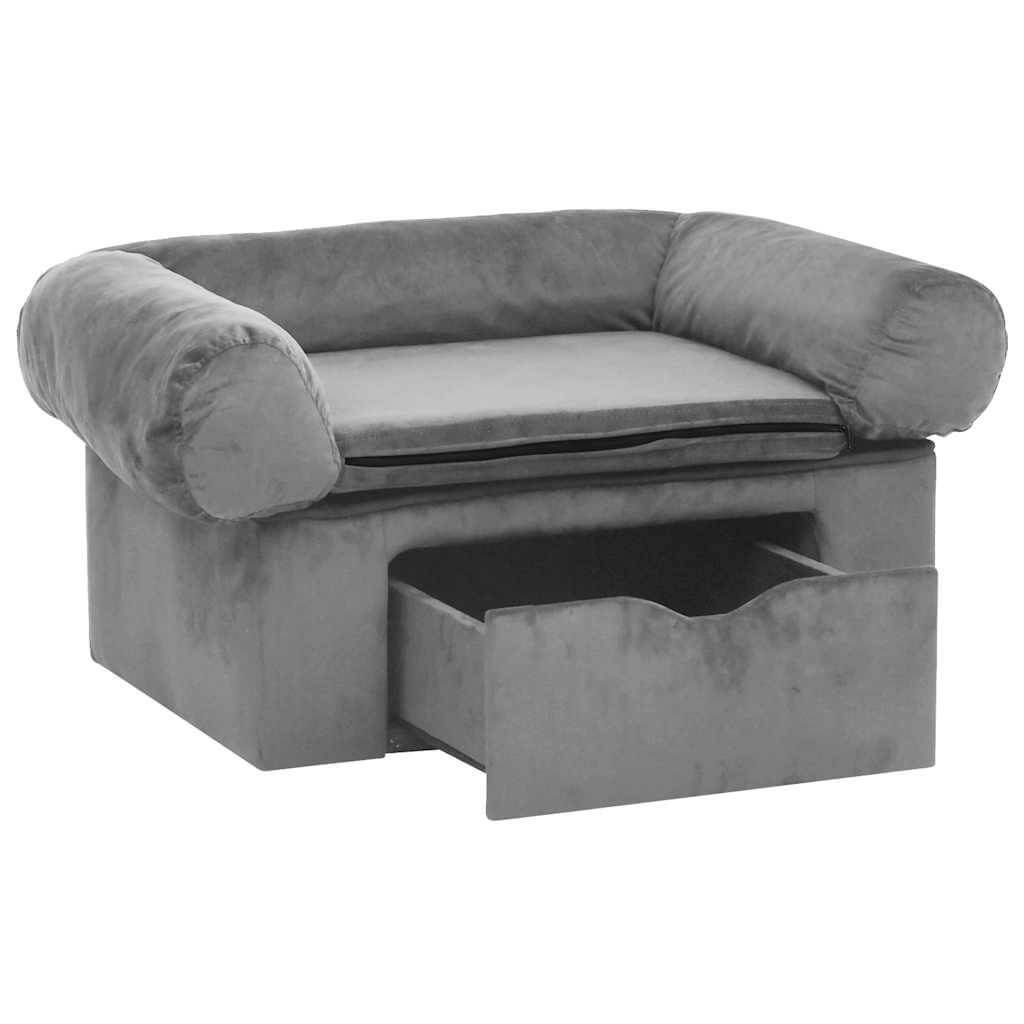 Domus Canis Dog Sofa with Storage in grey, plush upholstery, open drawer underneath seat