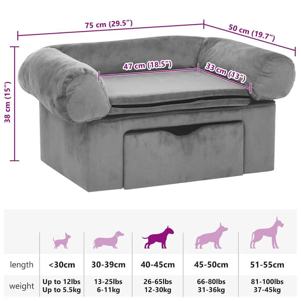 Domus Canis Dog Sofa with Storage in grey, shown with size dimensions and pet size guide