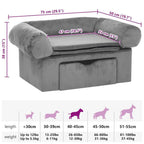 Domus Canis Dog Sofa with Storage in grey, shown with size dimensions and pet size guide