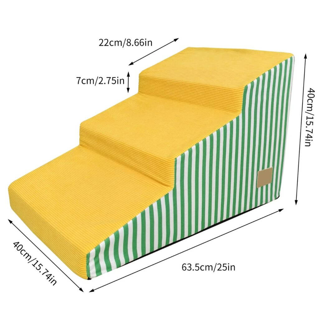 Yellow pet steps with green striped side, showing dimensions on a white background