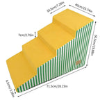 Yellow pet steps with green striped design and measurements on a white background