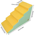 Yellow pet stairs with green striped side panels and measurements on a white background