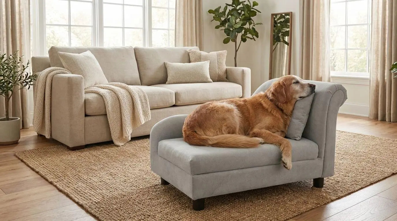 Dog lying on a gray pet sofa in a cozy living room with a beige sofa and plants.