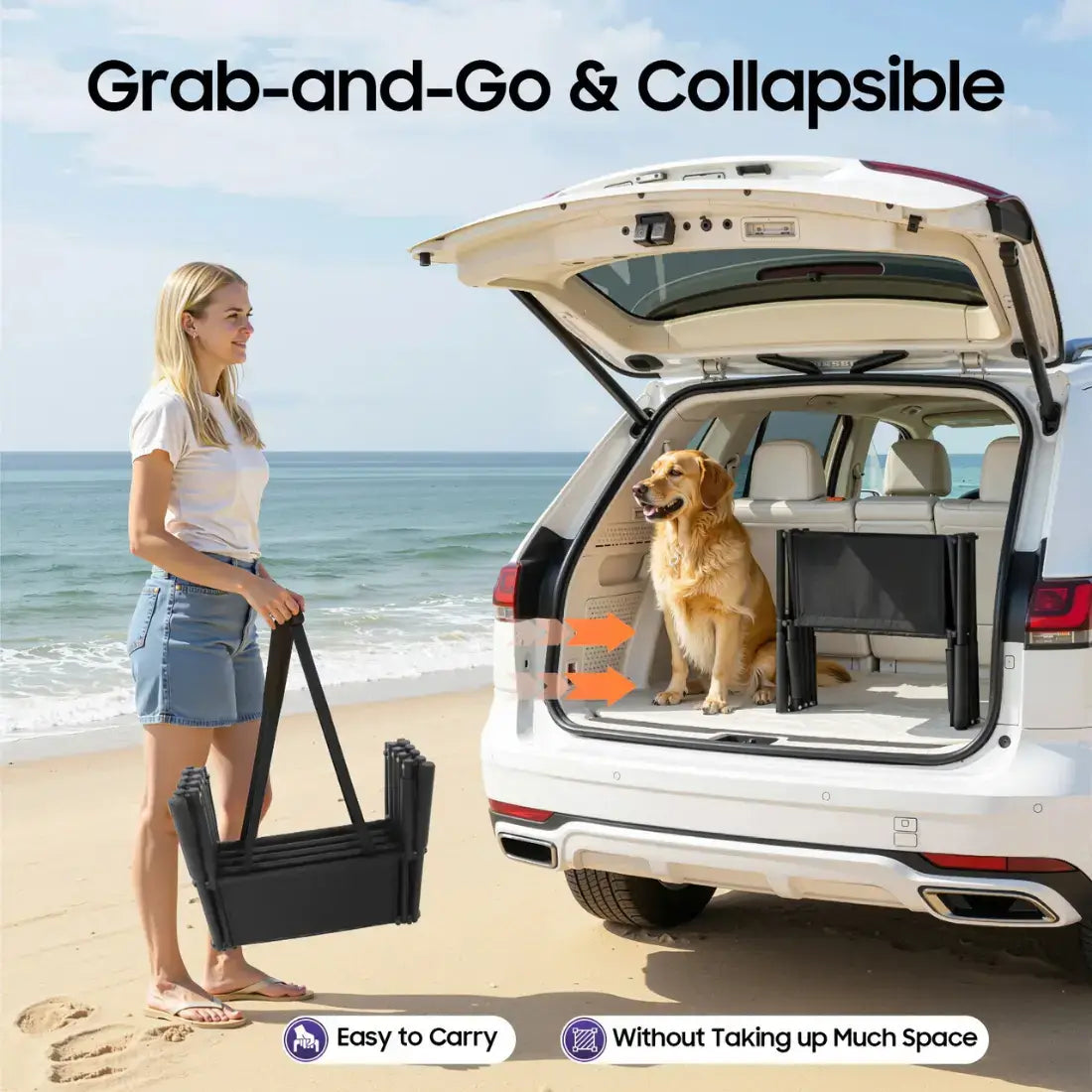 A woman on a beach holds a black foldable car seat while another person sits in the open trunk of a white SUV, demonstrating a grab-and-go collapsible seat. The text 'Grab-and-Go & Collapsible' appears at the top, with feature badges at the bottom.
