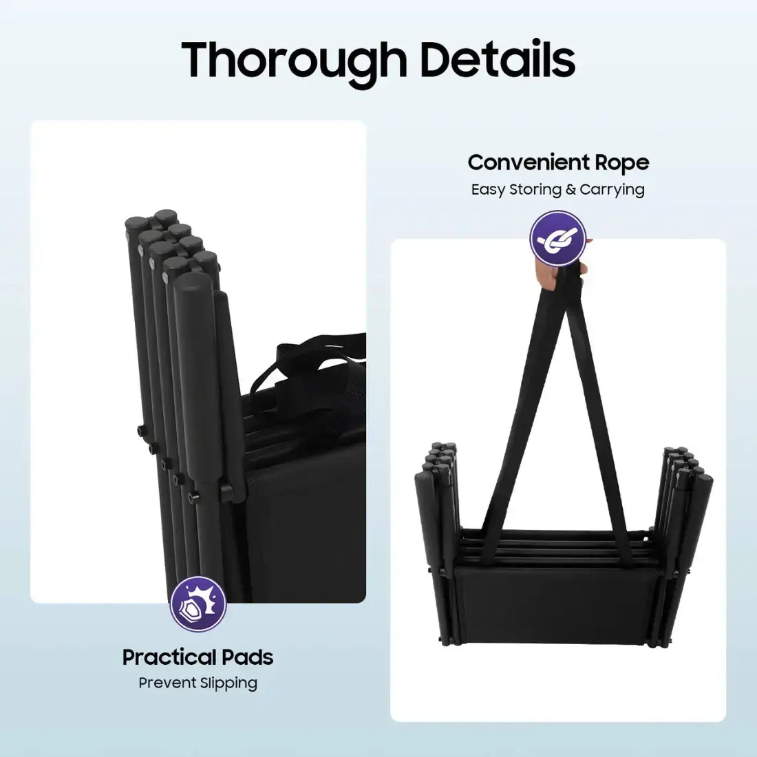 A promotional graphic showing a black folding chair in two detail views on a pale blue background with the headline 'Thorough Details.' The left inset highlights practical non-slip pads, and the right inset shows the chair folded with a convenient carrying rope held by a hand.