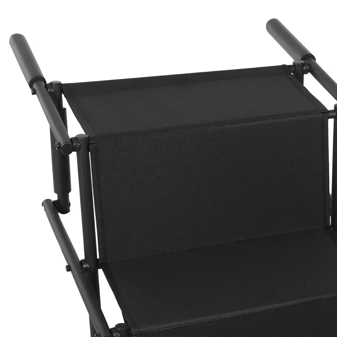 Close-up of a black step stool with a fabric-covered step surface and a black metal frame, shown on a plain white background.