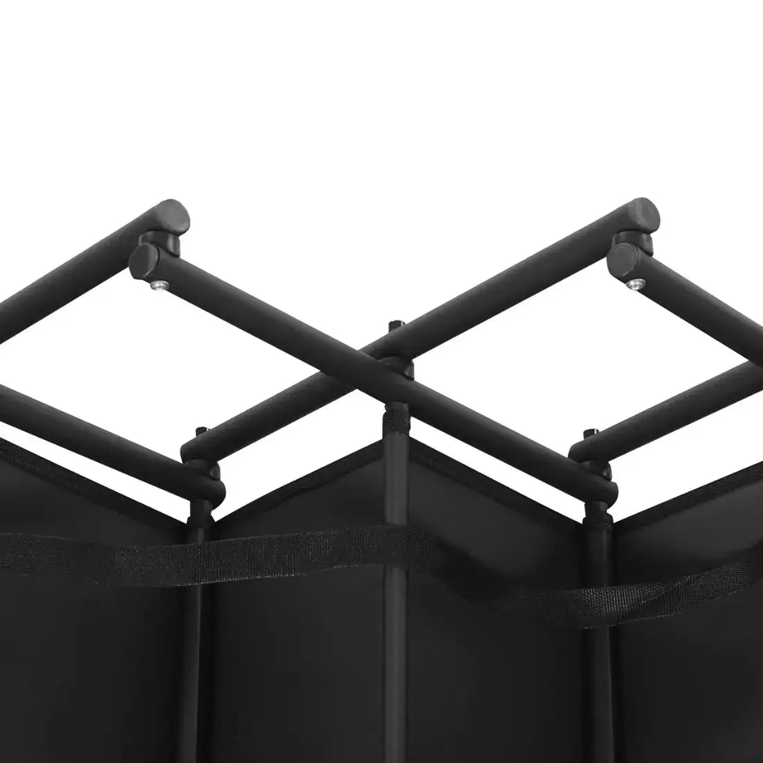 Close-up of a black metal frame structure with intersecting bars and a black fabric or panel component against a white background.