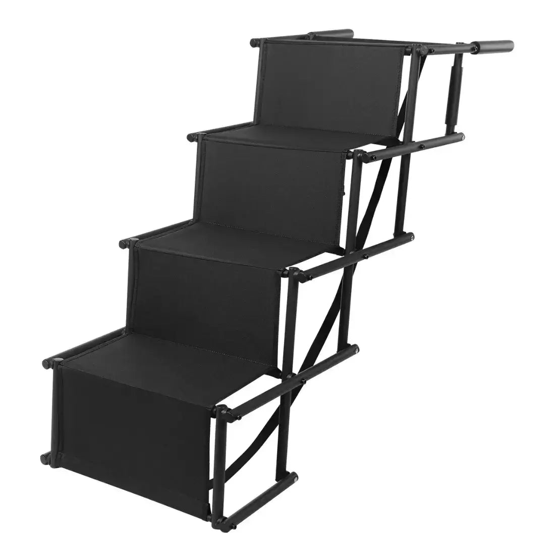 Three-step outdoor dog stairs with black fabric steps and a black metal frame, shown on a plain white background.