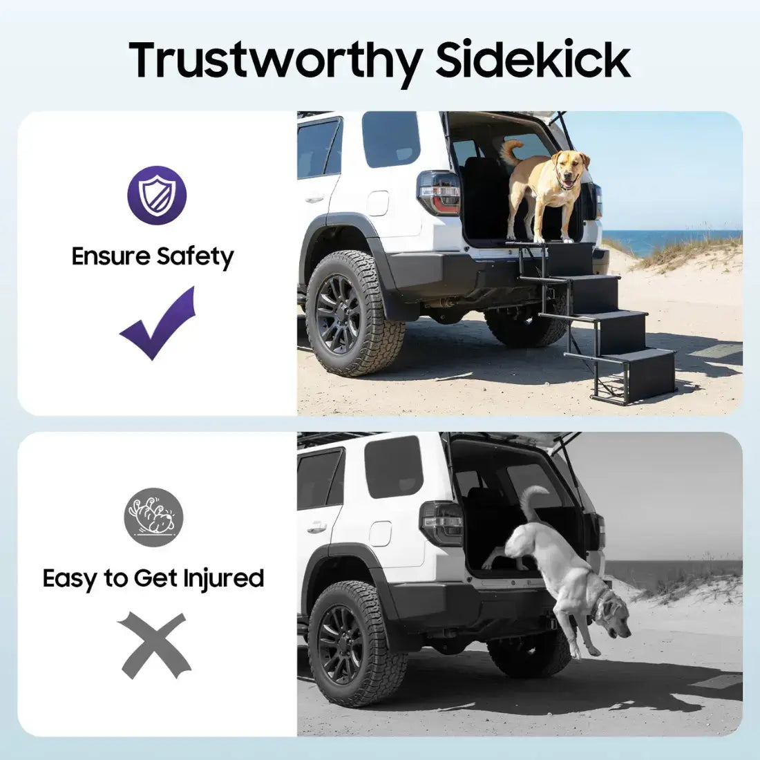 Promotional graphic for a pet vehicle step and ramp. The top panel shows a white SUV on sand with a dog standing on the rear ramp, captioned 'Trustworthy Sidekick' with 'Ensure Safety' and a purple checkmark.