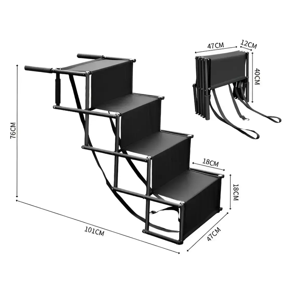 Black step ladder shown with dimension annotations, including unfolded height of 76CM, total width of 101CM, total depth of 47CM, and folded dimensions of 47CM, 12CM, and 40CM, on a white background.