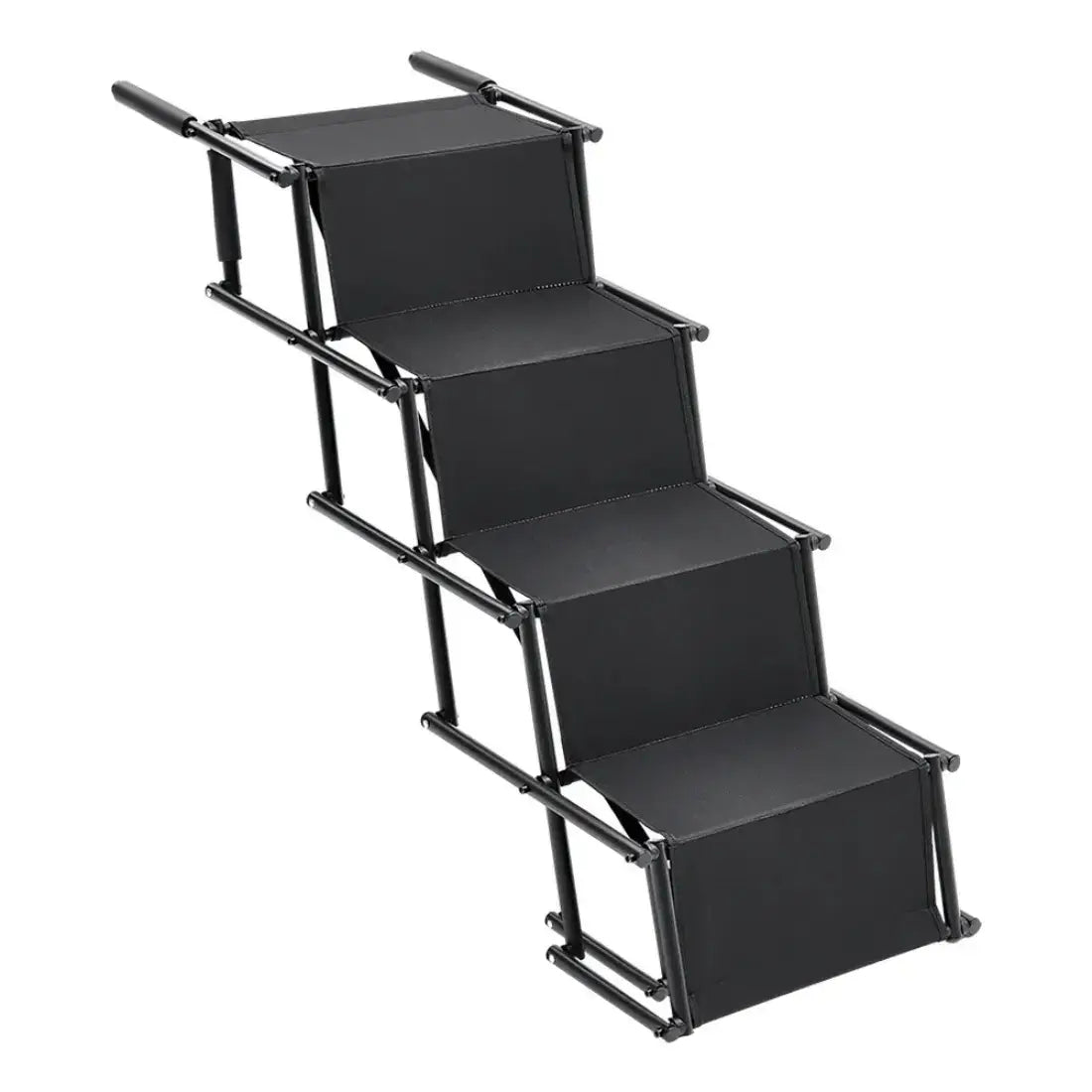 A four-step outdoor dog staircase with black textured steps and a black metal frame, shown on a solid white background.