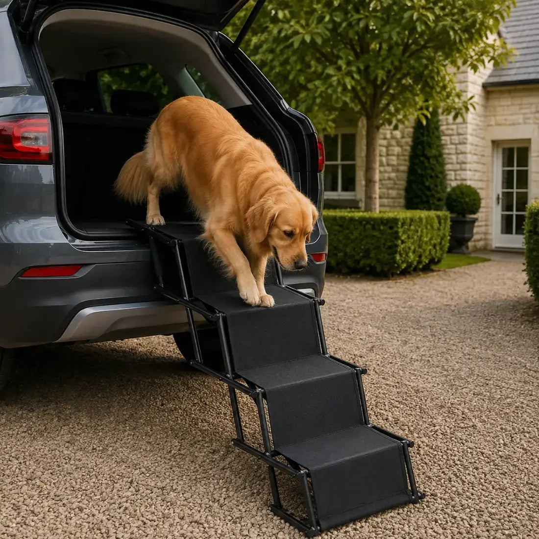 A golden retriever dog walks down a black multi-step pet car ramp positioned outside a gray SUV on a gravel driveway in front of a house.